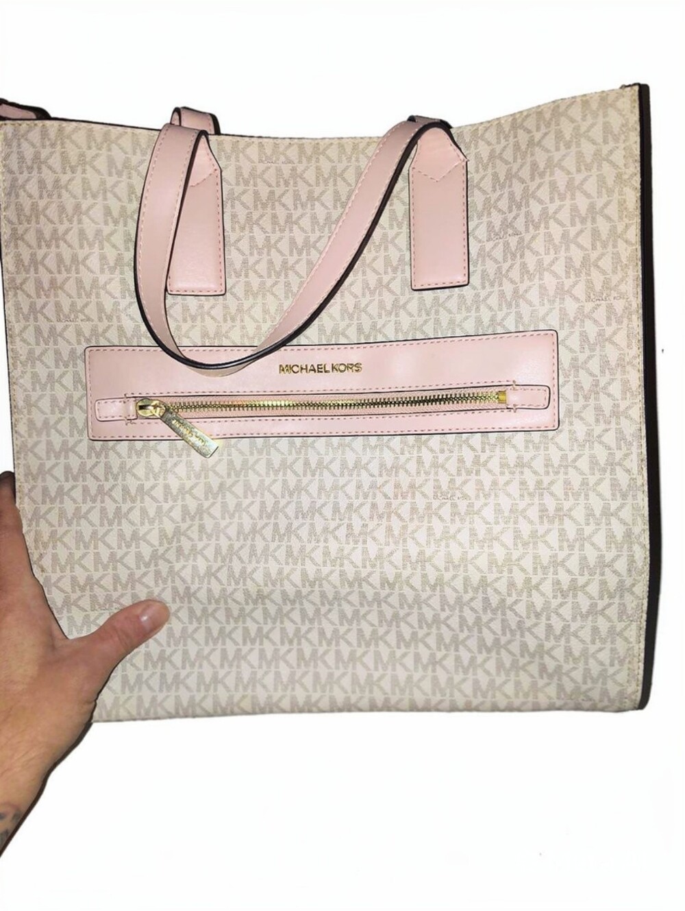 Women’s Michael Kors Kenly Large White Coated Canvas and Faux Leather Totes Bag